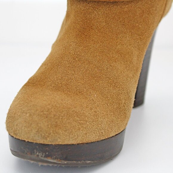 UGG ‘Dandylion II’ Suede Sheepskin Foldover Shearling Heeled Booties in Chestnut - Picture 7 of 10